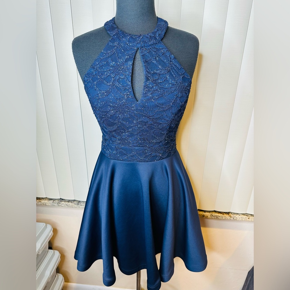 B. Darlin Navy Blue Embroidered Embellished Open Back Mini Dress Size 9/10